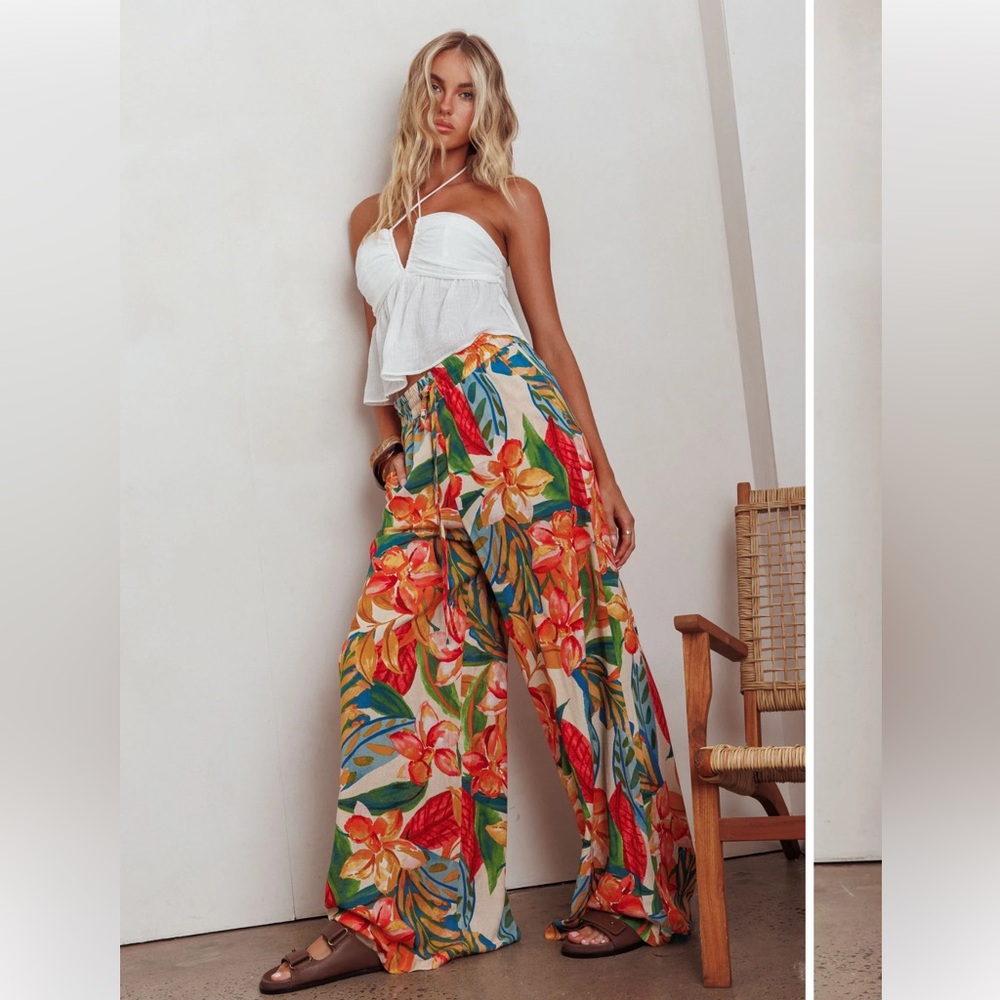 Dress Forum Wide Leg Palazzo Pants Womens Large Tropical Floral Beach Resort